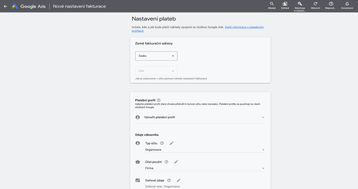 Přidání fakturačních a platebních údajů v Google Ads