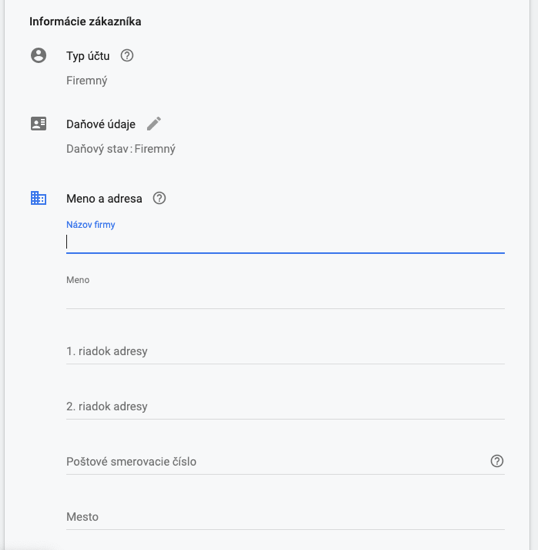 3_Google Ads – Nastavenie platieb – Vyplnenie údajov