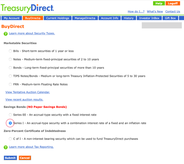 Screenshot of Treasury Direct website
