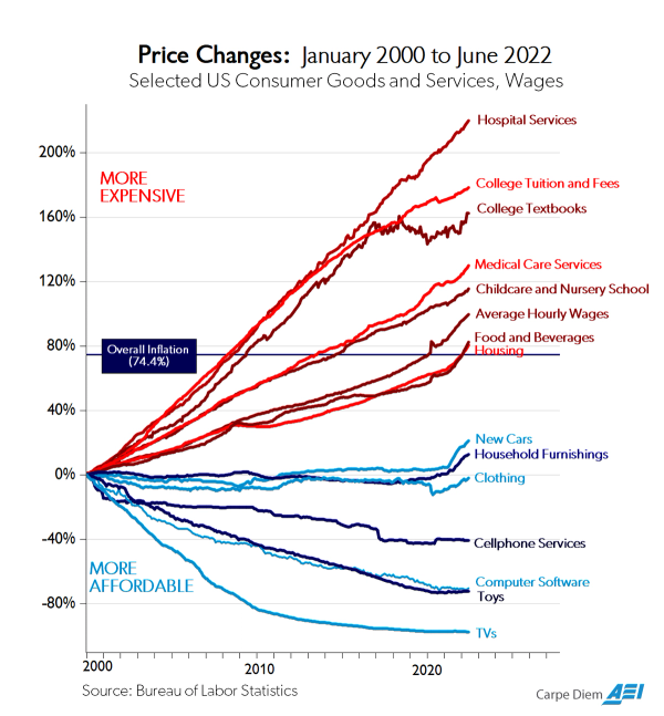 Chart of price changes from, January 2000 to January 2022 of selected US Consumer Goods and Services and Wages