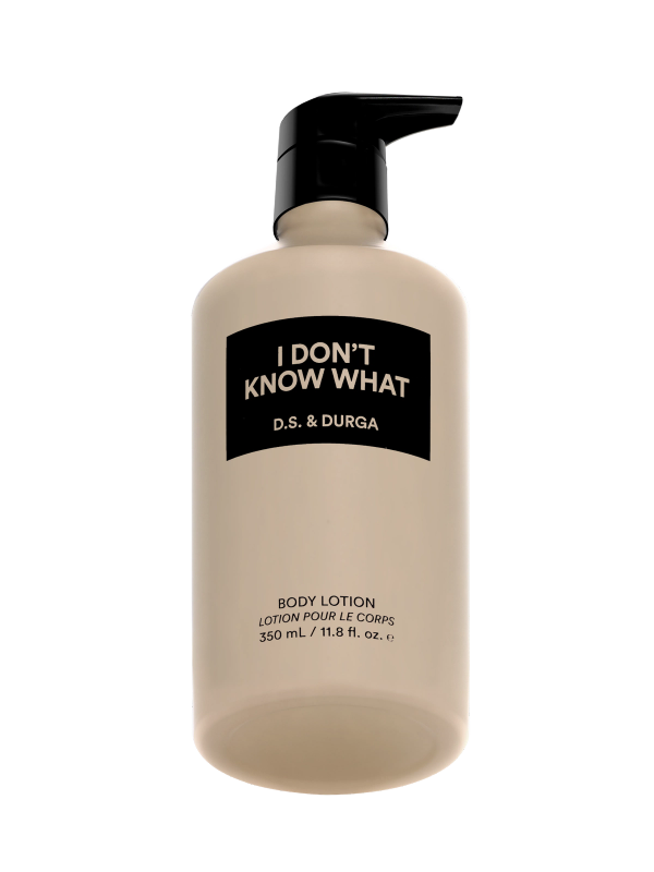 A sleek cream bottle of body lotion with a pump labeled "I Don't Know What" by D.S. & Durga containing 400 ml / 13.5 fl. oz.