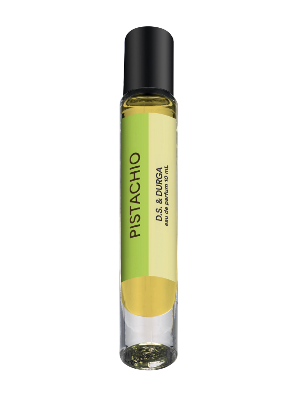 A sleek, roll-on bottle of pistachio-scented oil perfume, offering a unique fragrance experience in a portable and convenient design.