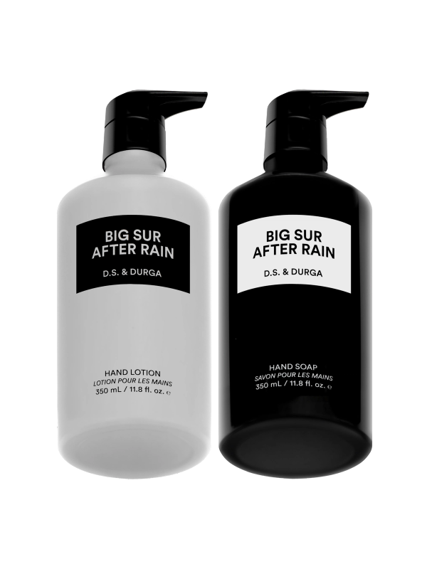 Two aluminum bottles labeled "Big Sur After Rain" by D.S. & Durga, one hand soap and one hand lotion.