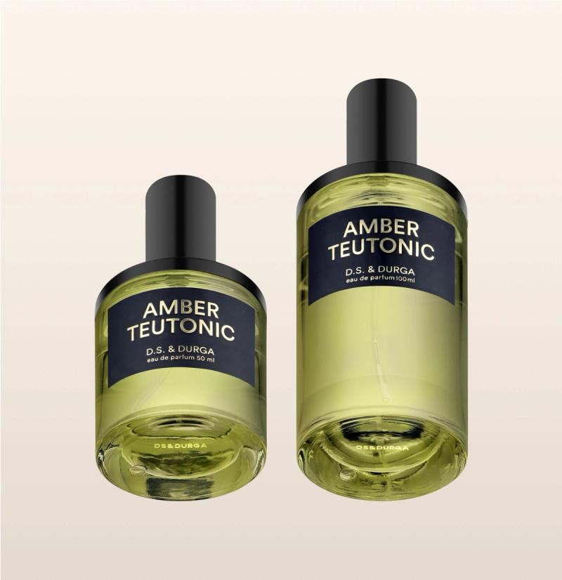 Two bottles of "amber teutonic"  perfume by d.s. & durga in varying sizes. 