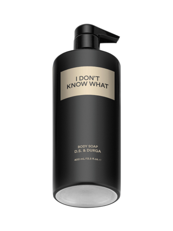 Elegant black body soap dispenser with a minimalist design and a playful label "i don't know what" by D.S. & Durga.