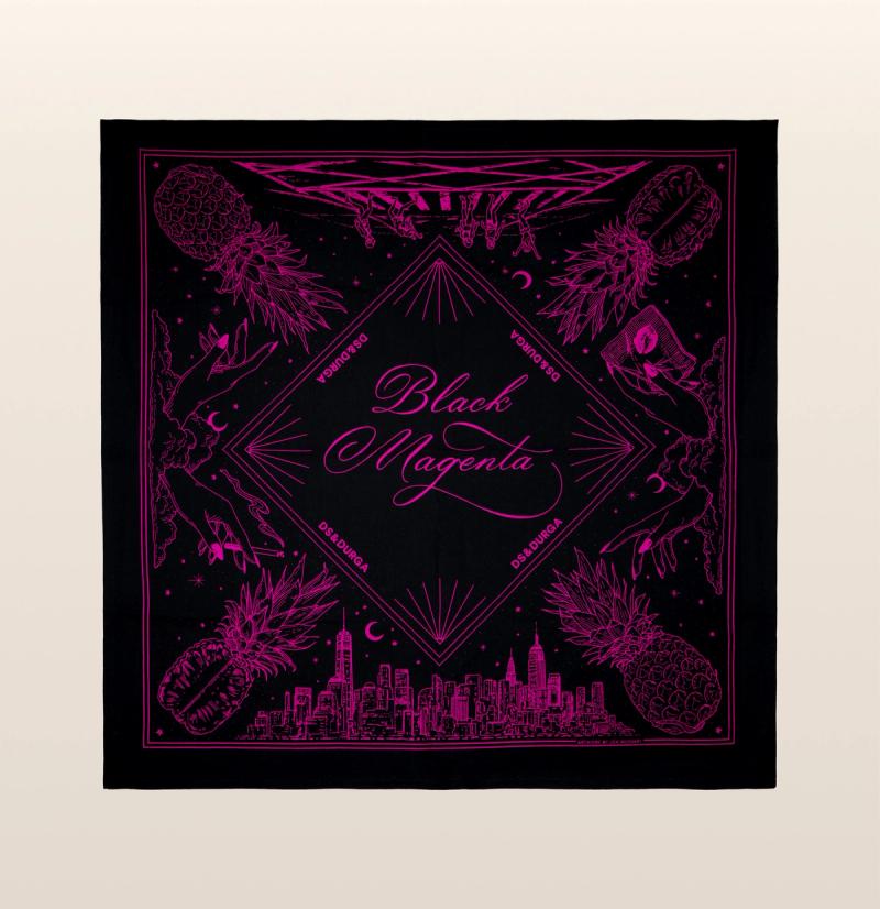 A neon magenta illustration on square black cloth featuring symmetrical designs with pineapples, tropical leaves, and urban skyscrapers, centered around a diamond shape containing the text "black magenta"