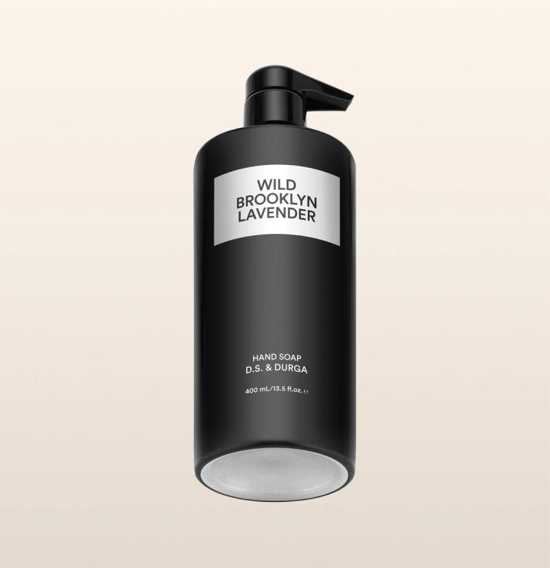 A sleek black bottle of hand soap with a pump labeled "Wild Brooklyn Lavender" by D.S. & Durga on a neutral background.