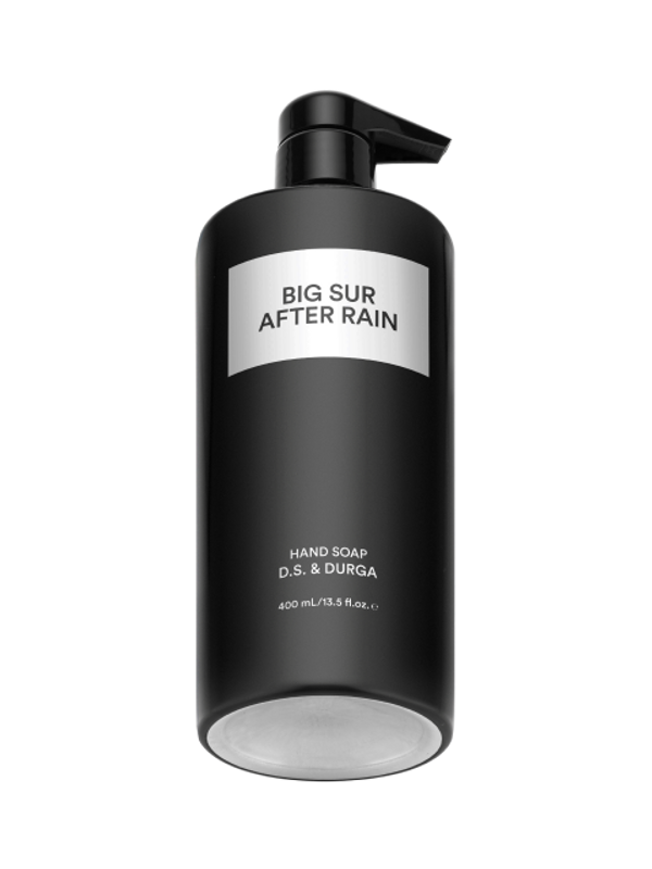 A sleek black bottle of hand soap with a pump labeled "Big Sur After Rain" by D.S. & Durga containing 400 ml / 13.5 fl. oz.