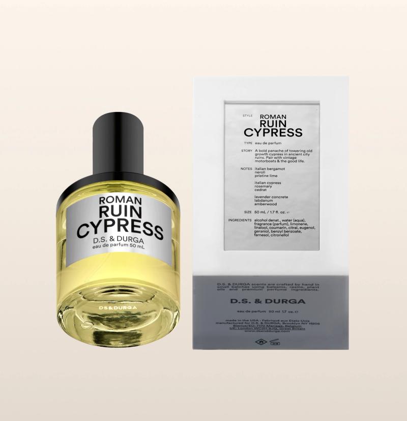  Bottle of "roman ruin cypress" eau de parfum, 50 ml size next to its packaging.