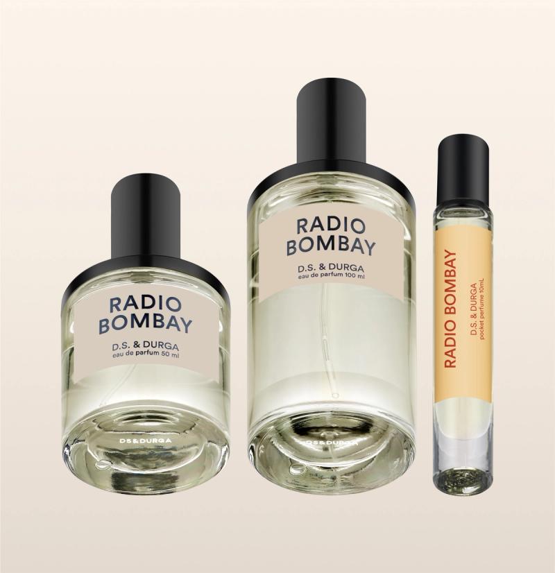 Three sleek bottles of "radio bombay” eau de parfum by d.s. &amp; durga, in varying sizes.