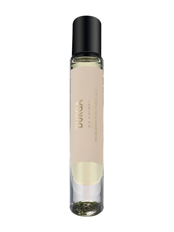 A sleek glass perfume bottle with a black cap, labeled "durga" in bold lettering.