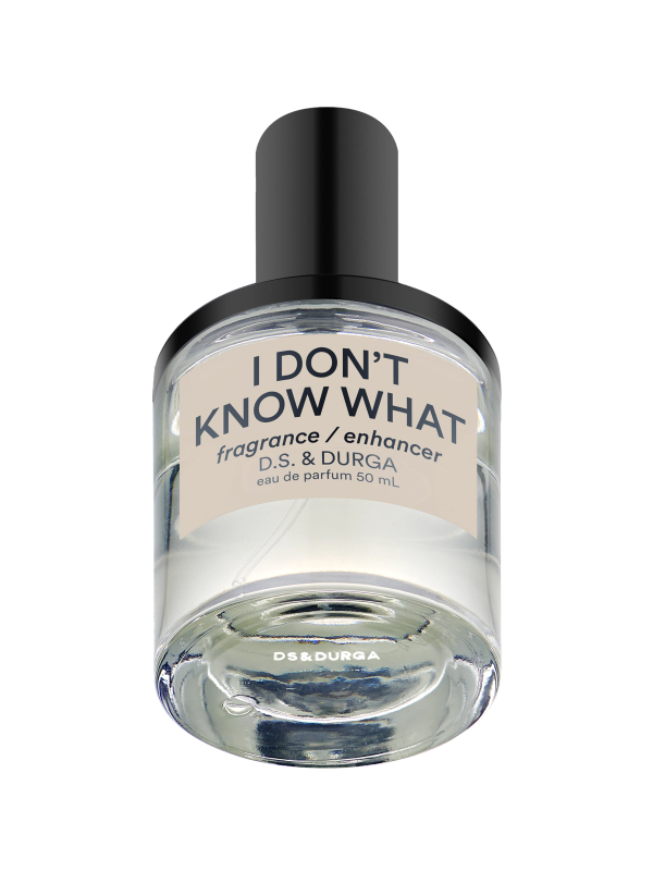A sleek bottle of "i don't know what fragrance enhancer ds &amp; durga" eau de parfum, 50 ml size, emphasizing minimalism and contemporary design.