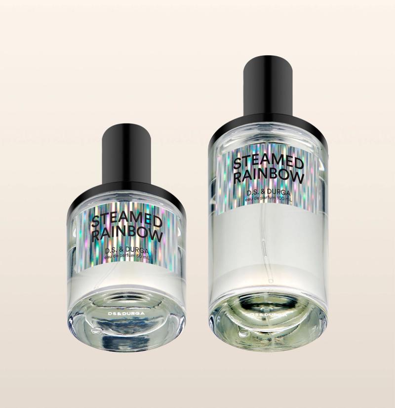 Two bottles of "steamed rainbow"  perfume by d.s. & durga  in varying sizes. 