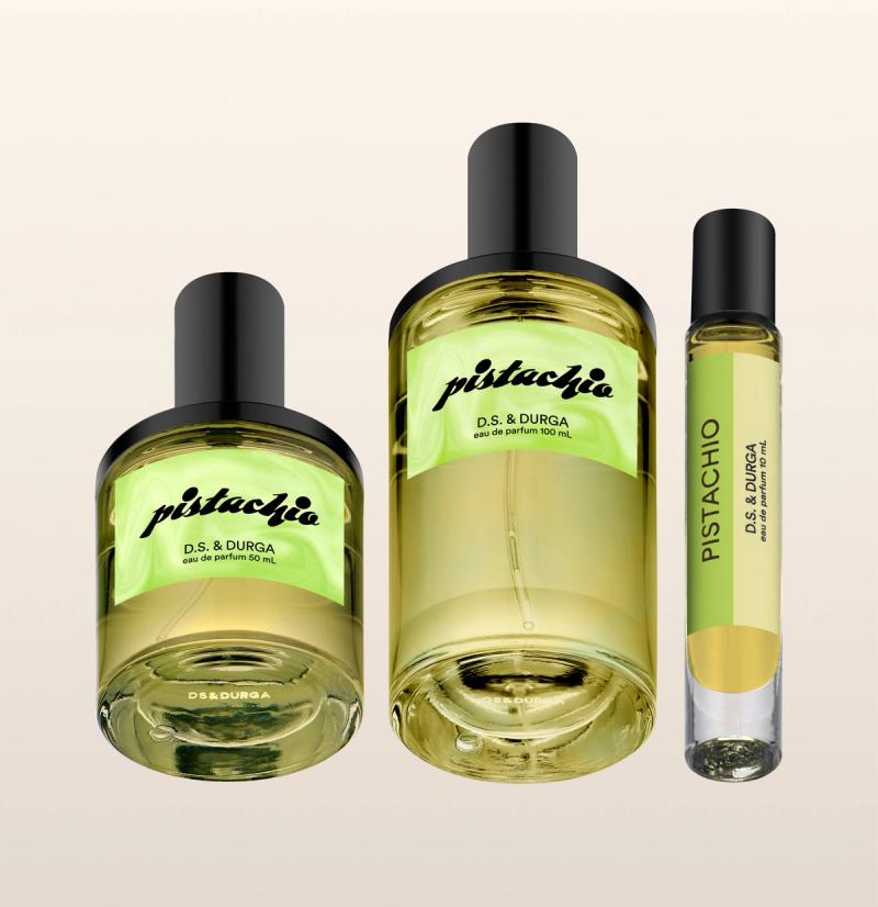 Three bottles of "pistachio" perfume by d.s. & durga in varying sizes.