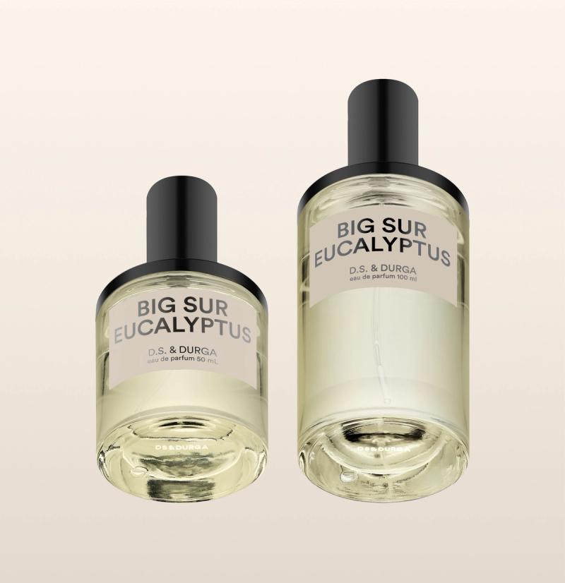 Two perfume bottles displayed against a neutral background. The bottles are labeled "Big Sur Eucalyptus" by D.S. & Durga. The smaller bottle on the left holds 50 ml, and the larger bottle on the right holds 100 ml. Both bottles have black caps.