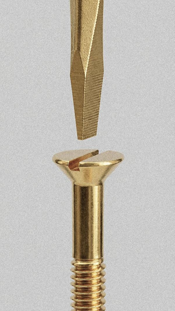 Brass screwdriver and screw macro detail — D.S. & Durga Gold Label perfume collection featuring DS and Durga eau de parfum