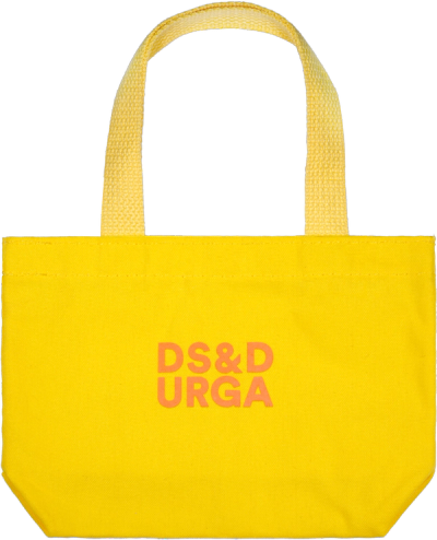 A small yellow tote bag with short handles. The bag features the text "DS&DURGA" printed in salmon pink on the front.