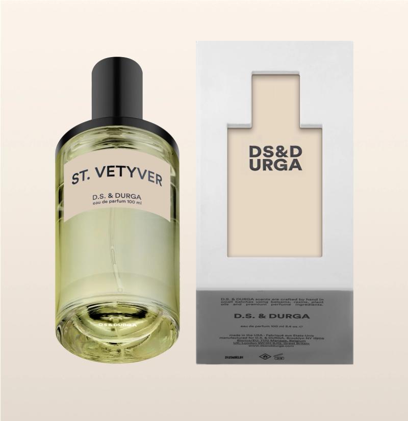 Bottle of "st.vetyver" eau de parfum, 100 ml size next to its packaging.