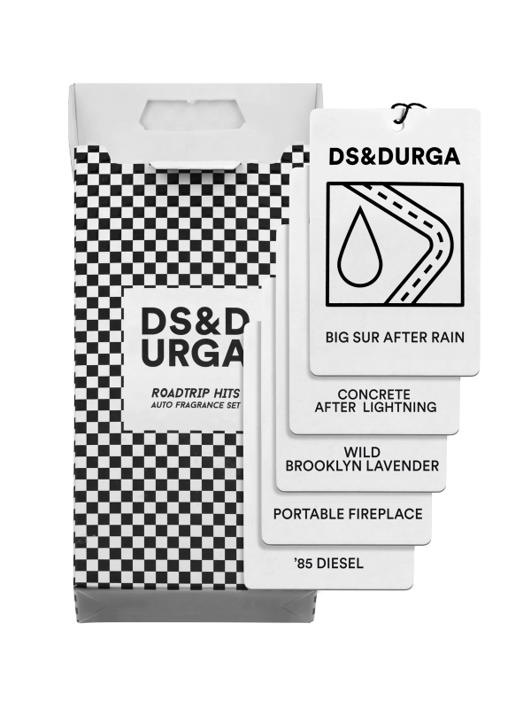 A monochromatic checkered packaging with a unique assortment of auto fragrances names indicating an unconventional and adventurous collection.