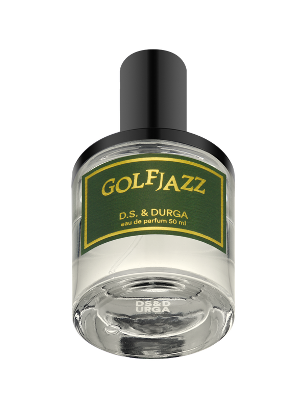 A clear glass bottle of perfume labeled "GOLFJAZZ" by D.S. & DURGA, with a green and gold label and a black cap. The bottle contains 50 ml of eau de parfum.