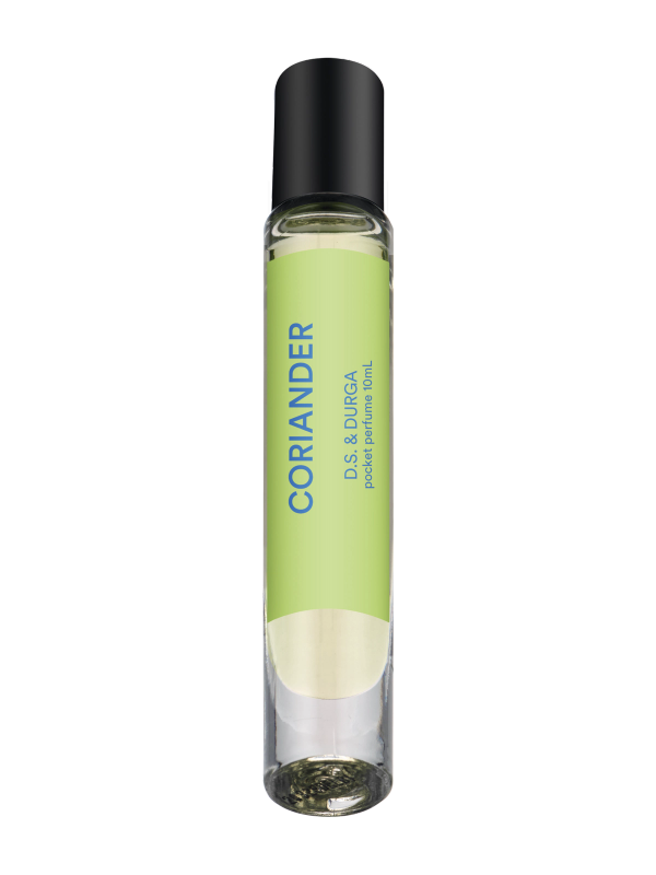 A sleek rollerball perfume bottle with a green label that reads "coriander" by d.s. &amp; durga. 