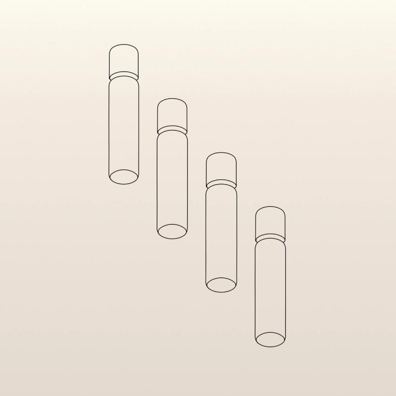 Outline of four vertical sample size perfume bottles arranged in a staggered composition on a beige background.