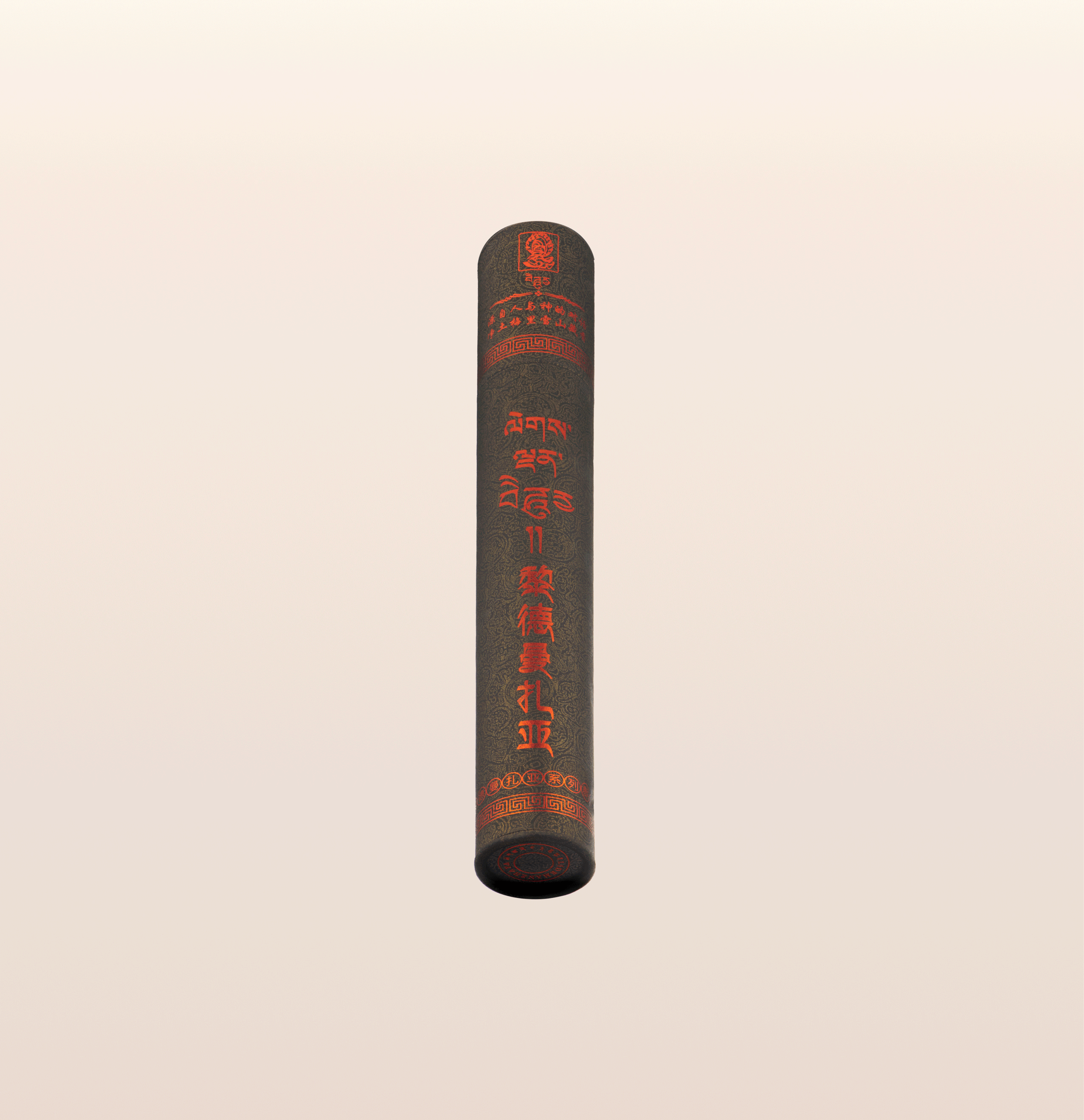 A single, ornately decorated cylinder container with chinese characters is displayed against a plain, light background.