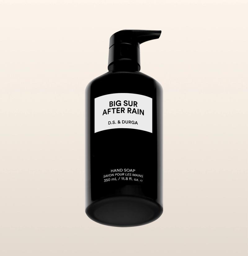 A sleek black bottle of hand soap with a pump labeled "Big Sur After Rain" by D.S. & Durga on a neutral background.