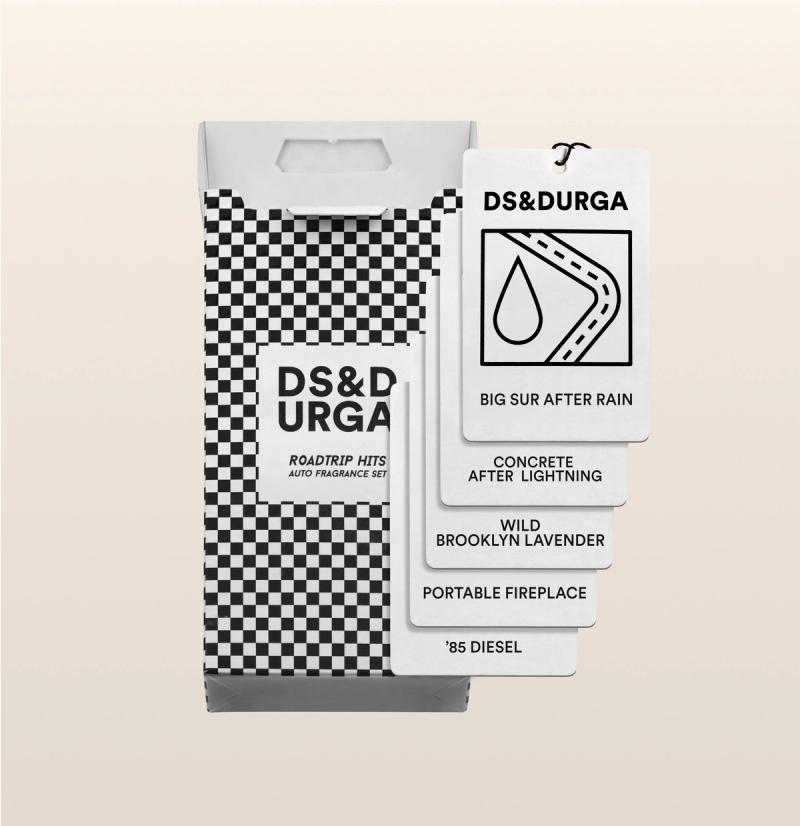 A monochromatic checkered packaging with a unique assortment of auto fragrances names indicating an unconventional and adventurous collection.
