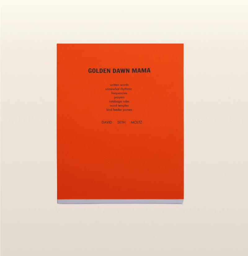 A bright red book cover titled "Golden Dawn Mama" with the authors' name David Seth Moltz listed at the bottom.