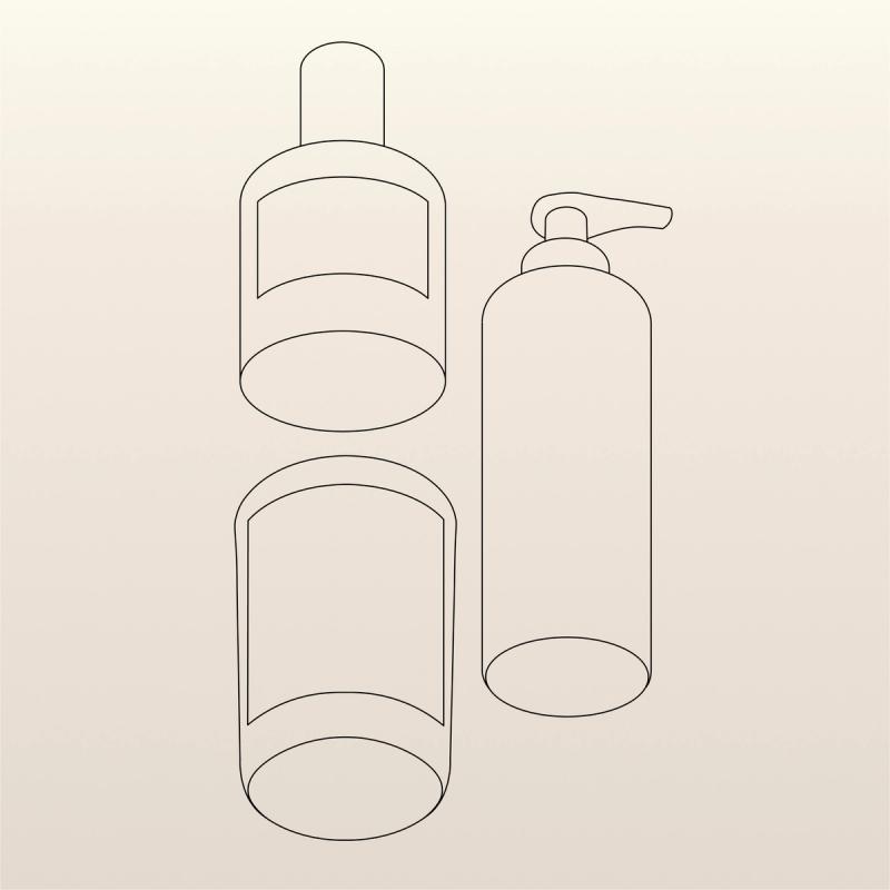 Minimalist line art illustration of a perfume bottle, candle vessel and a lotion dispenser.