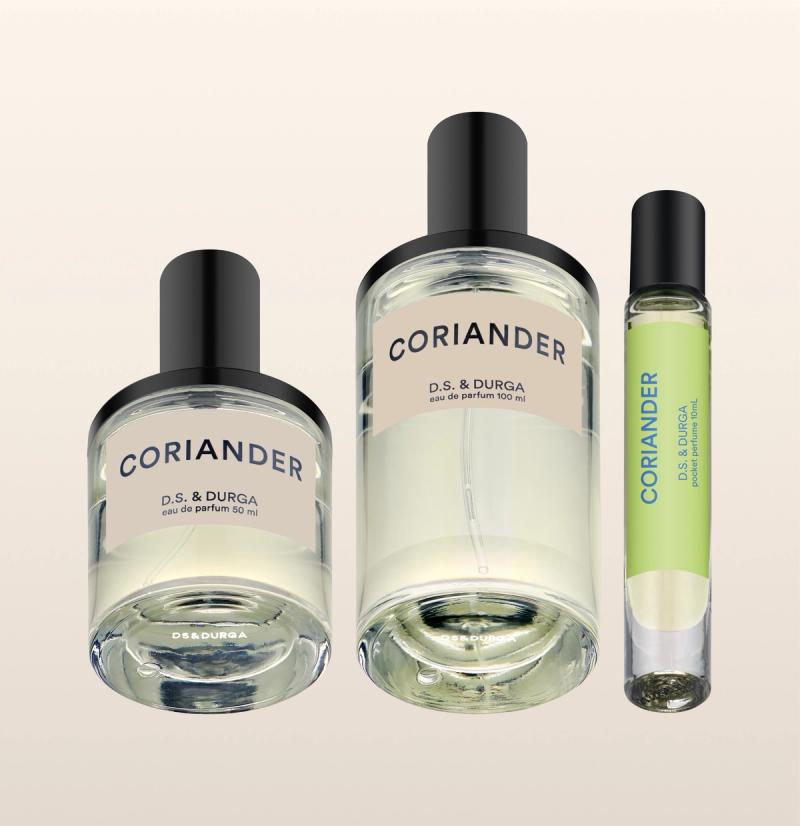 Three sleek bottles of "coriander” eau de parfum by d.s. &amp; durga, in varying sizes.