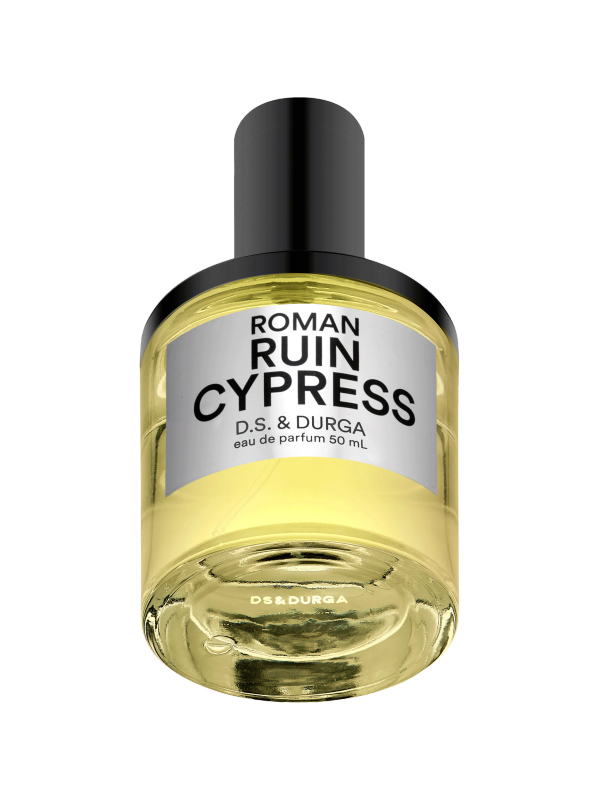 A bottle of "roman ruin cypress" eau de parfum by d.s. & durga, 50 ml.