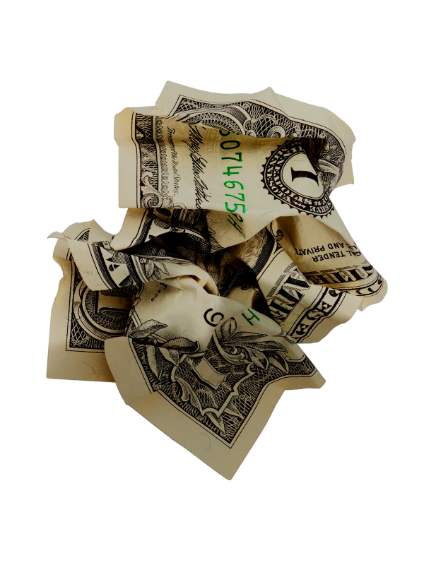 A crumpled one-dollar bill.
