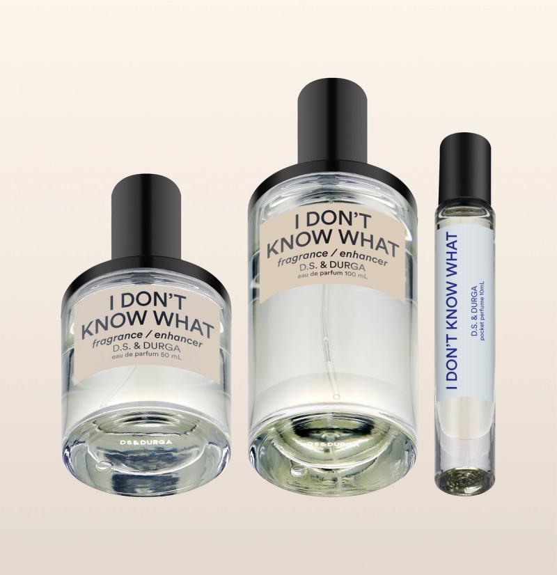 Three bottles of "i don't know what" fragrance enhancer by d.s. &amp; durga in varying sizes.
