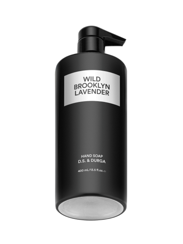 A sleek black bottle of hand soap with a pump labeled "Wild Brooklyn Lavender" by D.S. & Durga containing 400 ml / 13.5 fl. oz.