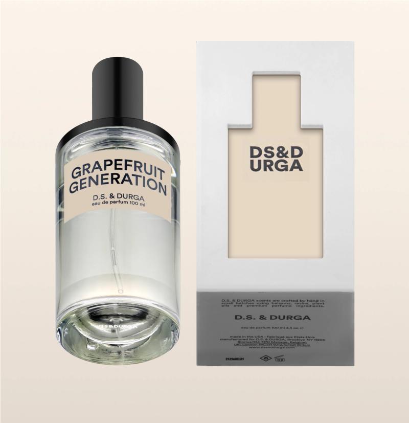 Bottle of "grapefruit generation" eau de parfum, 100 ml size next to its packaging.
