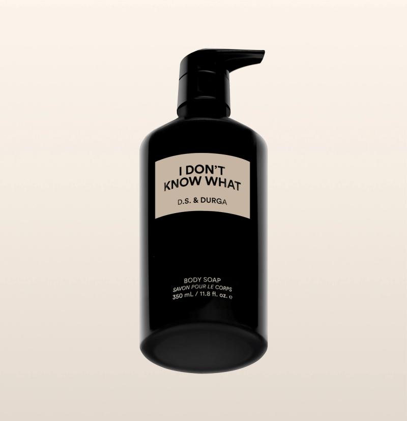 A sleek black bottle of body soap with a pump labeled "I Don't Know What" by d.s. & durga on a neutral background.