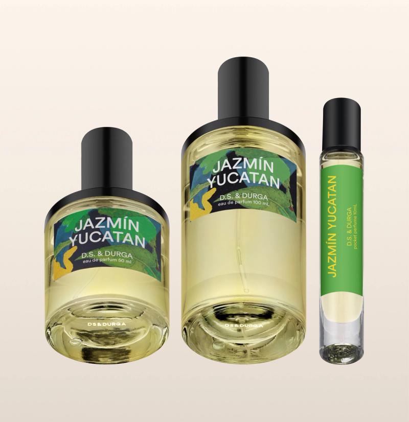 Three sleek bottles of "jazmin yucatan” eau de parfum by d.s. &amp; durga, showcasing in varying sizes.