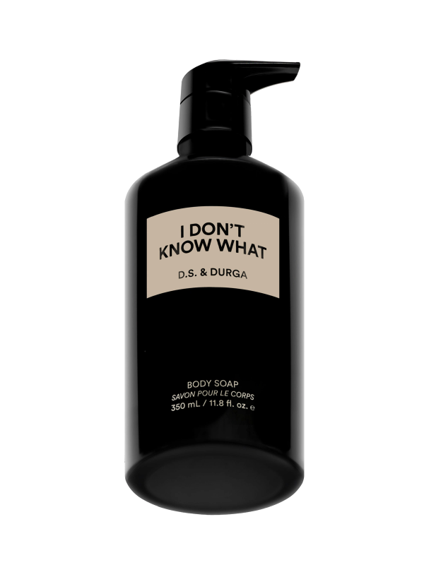 Elegant black body soap dispenser with a minimalist design and a playful label "i don't know what" by D.S. & Durga.