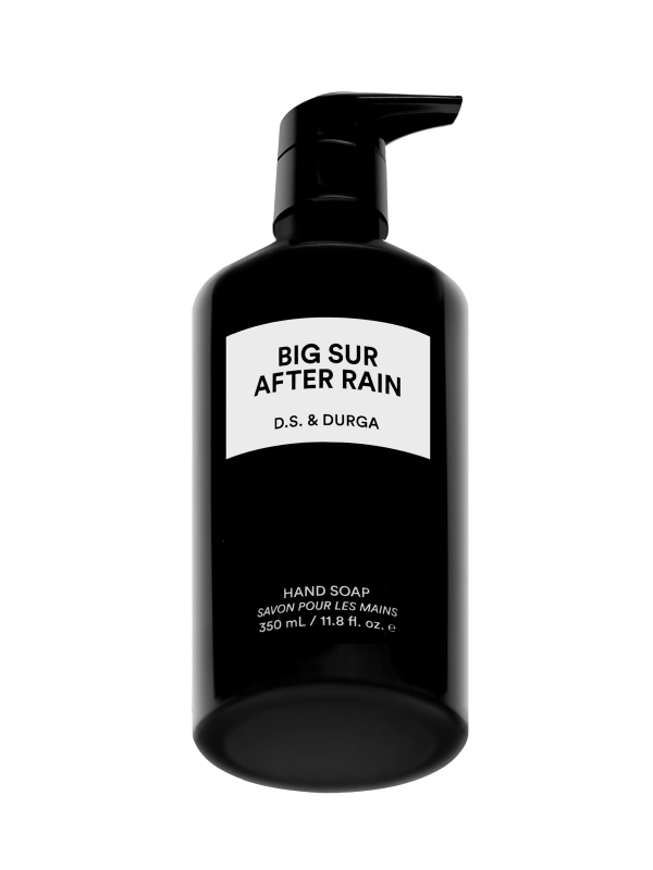 A sleek black bottle of hand soap with a pump labeled "Big Sur After Rain" by D.S. & Durga containing 400 ml / 13.5 fl. oz.