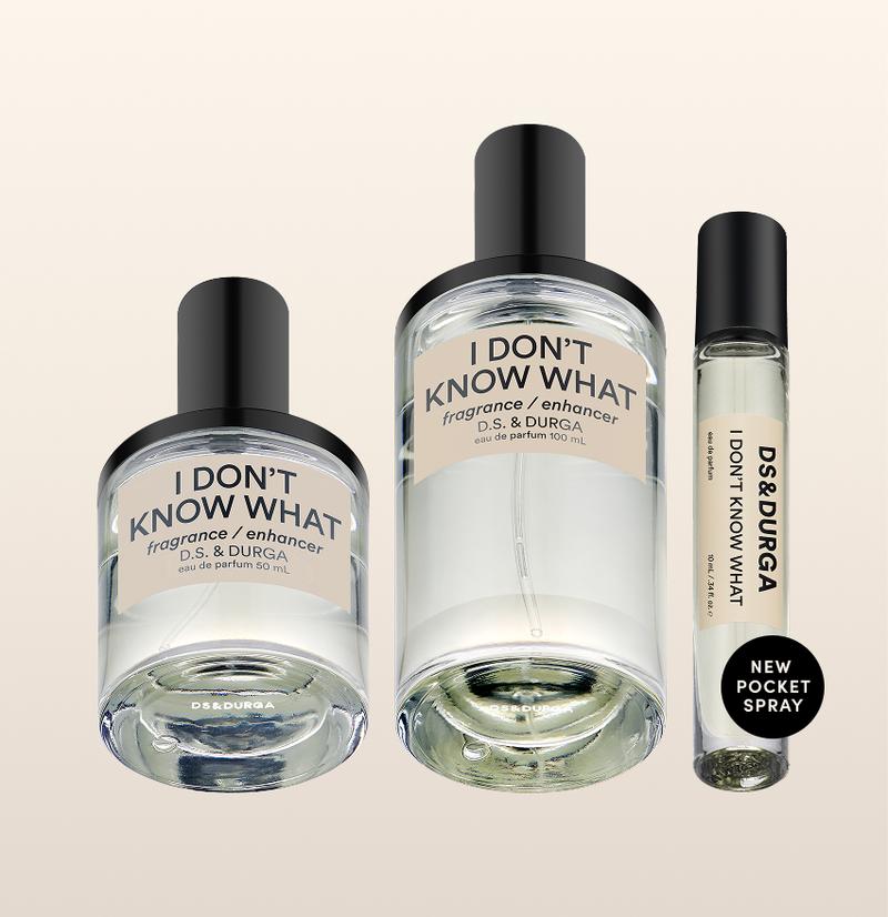 Three bottles of "i don't know what" fragrance enhancer by d.s. & durga in varying sizes.