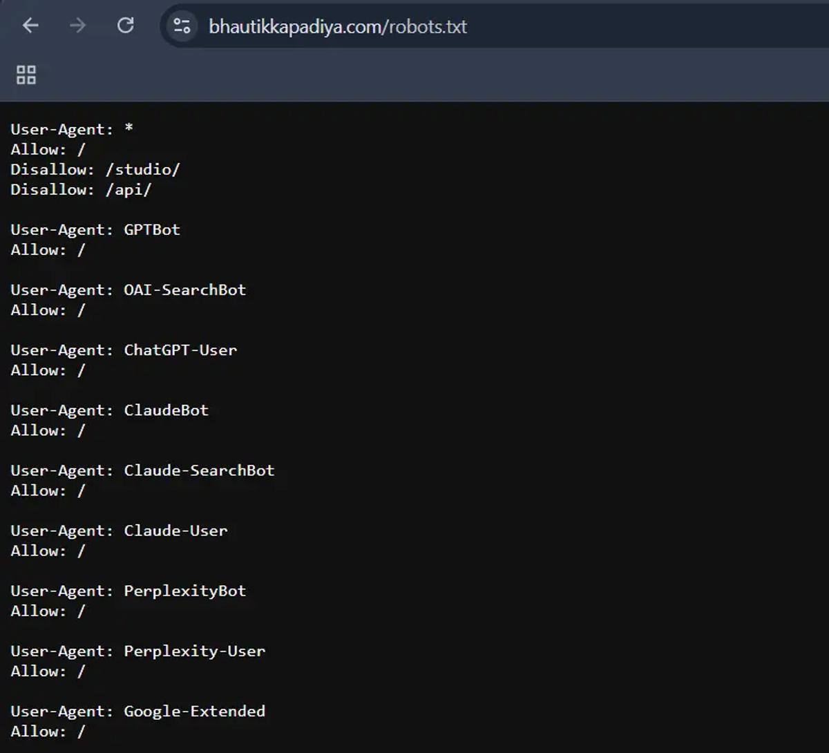 A robots.txt configuration that allows AI crawlers