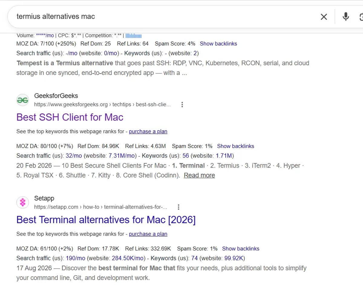 Google SERP showing a DA 80 competitors for a commercial keyword