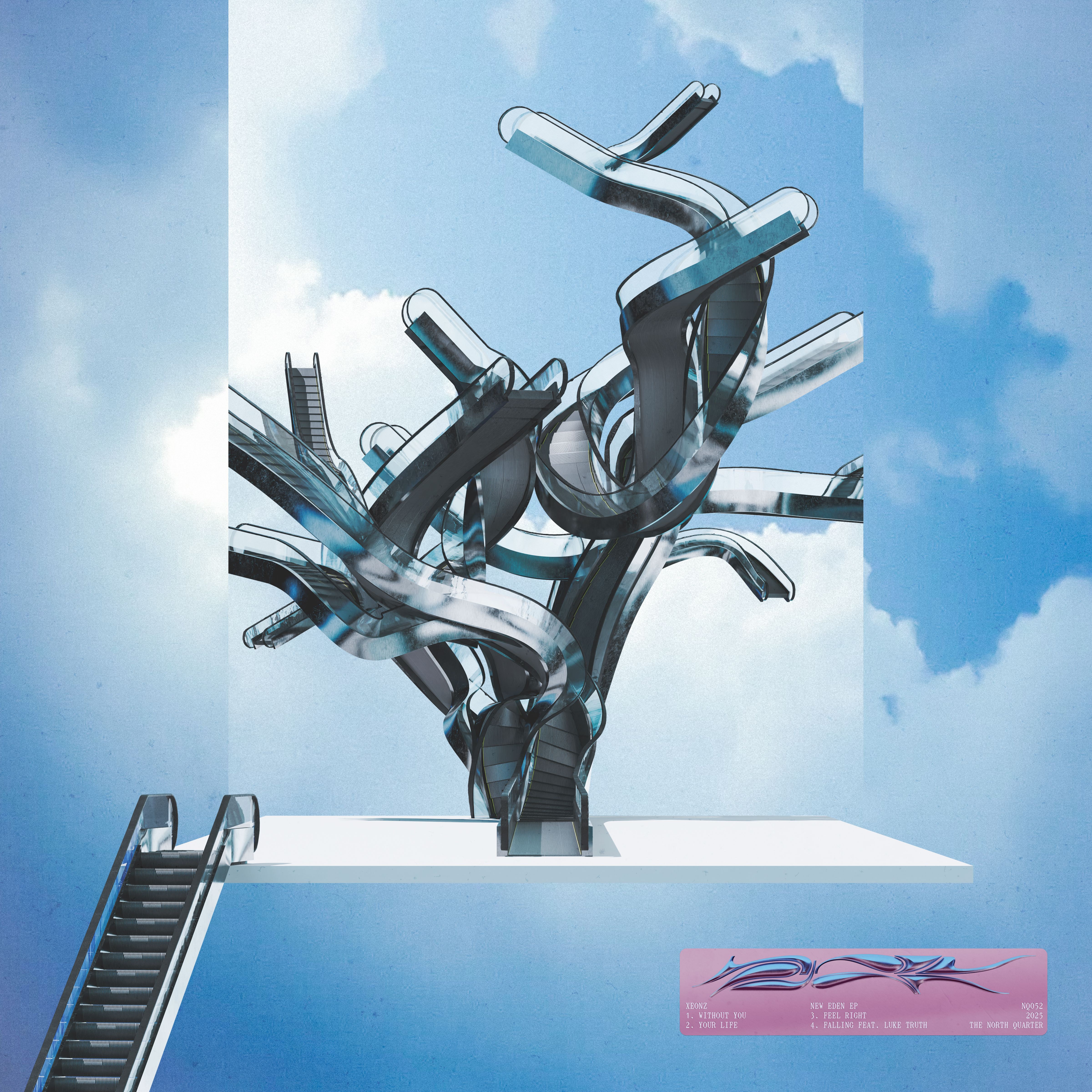 A sculptural monument of intertwined escalators rendered in metallic chrome and dark gray tones, rising from a white platform against a cloudy blue sky. A ladder-style escalator extends from the left, leading up to the chaotic tangle of mechanical infrastructure above.