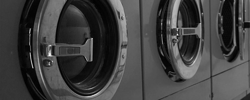 A row of tumble driers in a laundry