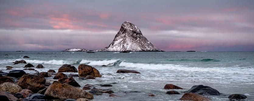 A mountainous outcrop off the Norwegian coast