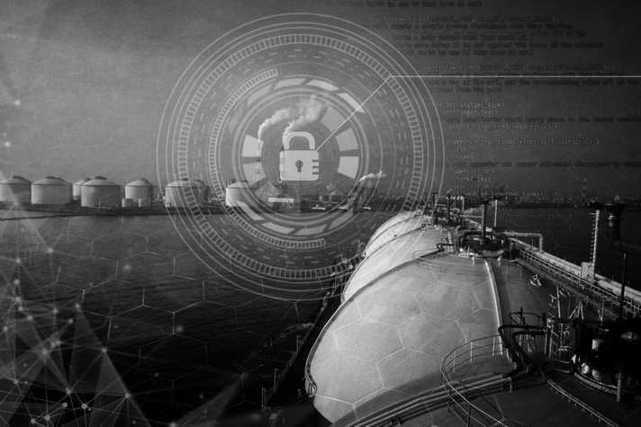 An LNG tanker is seen with computer coding and cyber symbols in the background