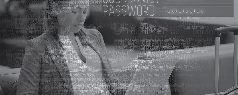 A woman uses her laptop while another image suggests password hacking by a third party