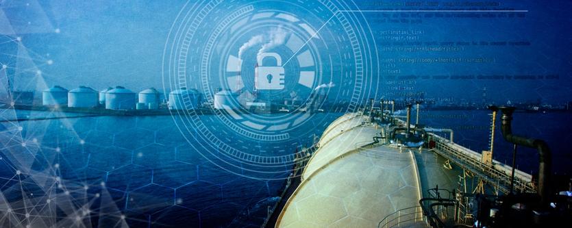 An LNG tanker is seen against a backdrop of computer code